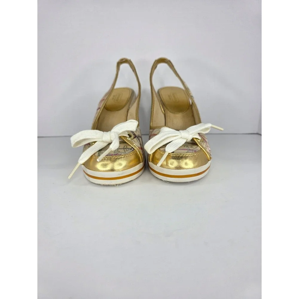 Coach Emilanna Wedge Sandals Womens 8.5B  Multi Plaid Canvas Gold Slingback